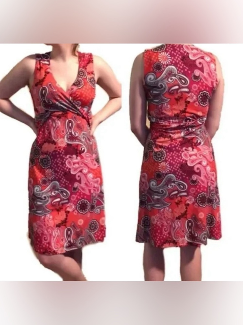 PrAna Women's Berry Faux Wrap V-Neck Tank Dress Size S Paisley Floral Print
